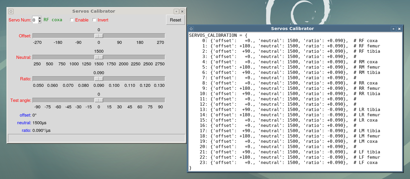 Screenshot of servos calibrator tool